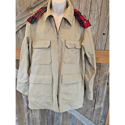 Vintage 1990s Plaid And Solid Beige Reversible flannel hunting cargo jacket 44 -