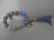 BLUE WHITE GRAY BEADED BRACELET TASSEL KEYCHAIN