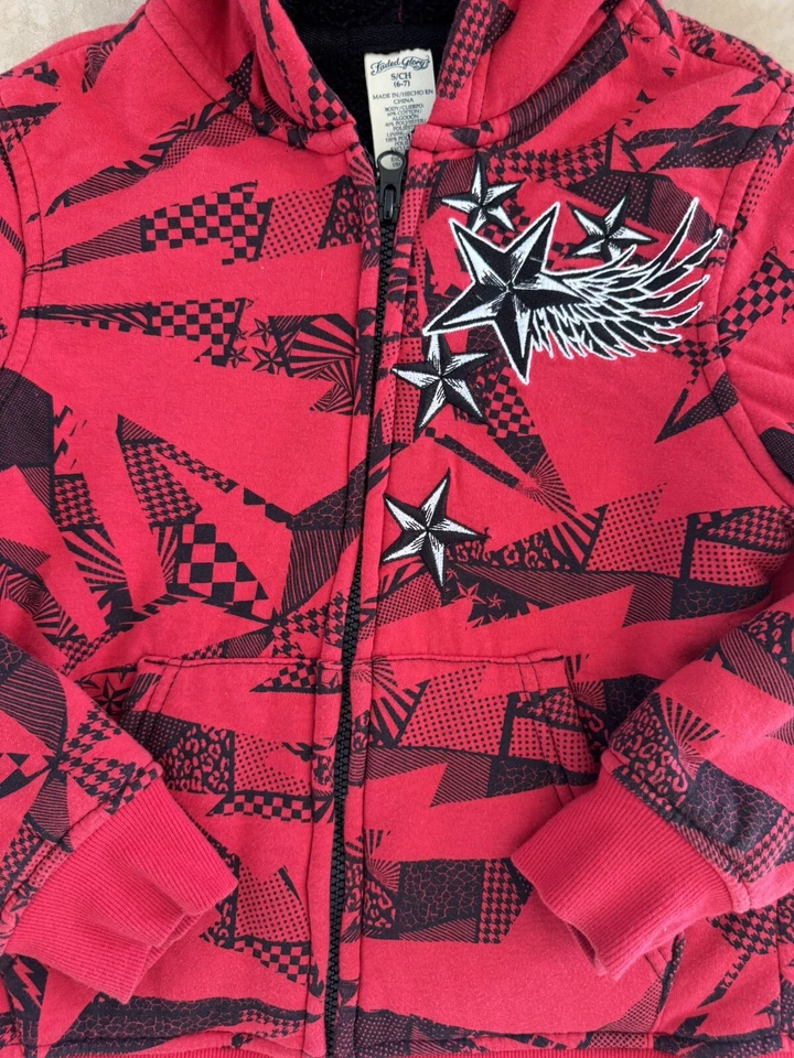 FADED GLORY KIDS Sudadera con Capucha y ROJO CON PATRÓN NEGRO Estrellas Vintage Y2K Pequeña Foto 2 de 3
