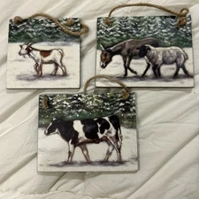 Set Of 3 Painted Wooden Christmas Farm Animal Ornaments Primitives By Kathy