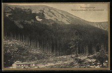 Melzergrundbaude /Riesengebirge, Berghütte mit Schneekoppe, Ansichtskarte 