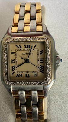 Cartier Panthere Medium 3 Row 18k Gold 27mm Diamond Bezel Watch With Box