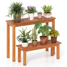 Wooden Plant Stand Set of 2 w/ Teak Oil Finish Slatted Top Rustic Plant Rack
