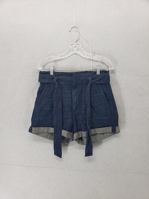 Express Shorts Womens 4 Blue Denim Shortie Extreme High Rise Belted Cuffed