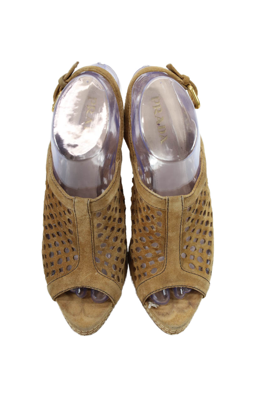 Prada Womens Stiletto Platform Laser Cut Ankle Strap Sandals Brown Suede 39.5 thumbnail 2