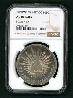 MEXICO CITY PESO 1908 GV MEXICO MINT SILVER KM# 409.2 GRADED NGC AU DETAILS