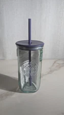 2025 Starbucks Recycled Glass Cold Cup 16 oz Aqua Green Purple Lid & Straw NEW