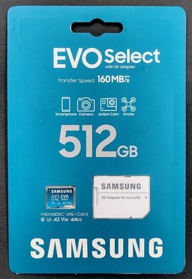 Samsung EVO Select 512GB microSDXC UHS-I U3 A2 V30 Card + SD Adapter