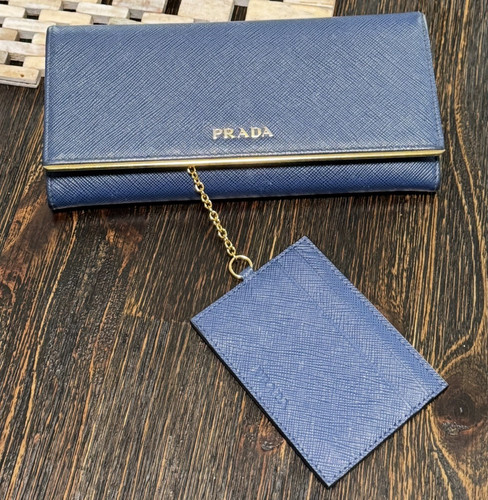 PRADA Blue Folding Wallet w/ Zip Coin Pocket & Chain Card Holder Logo Women