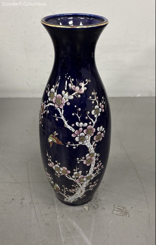 Vintage Japanese Cobalt Blue Vase Cherry Blossom Bird Gold Rim 11 Inch Tall