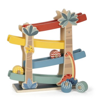 Kugelbahn Dino | 1 Kugelbahn, 4 Holzräder | small foot-Verpackung Farbkartonage