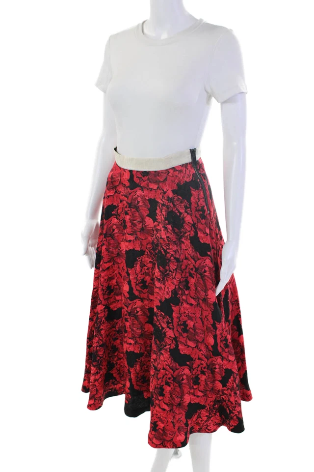 Falda Tracy Reese Mujer Cremallera Lateral Hasta la Rodilla Floral Línea A Negra Roja Talla 0 Foto 2 de 4