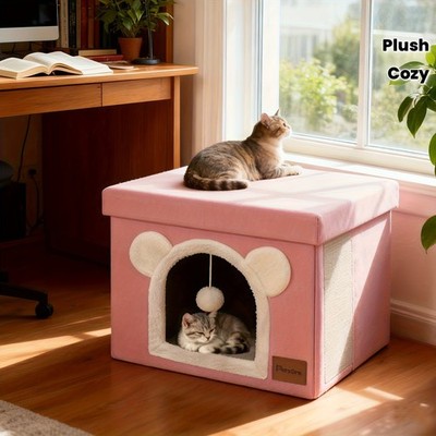 Interactive Indoor Cat Cube House With Lid Cute Cave Bed Condo Scratch Pad&Ball