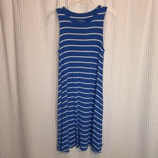 Womens Knit Dress BLUE w/ WHITE STRIPES Sleevlss POCKETS Crew Neck S Nautical