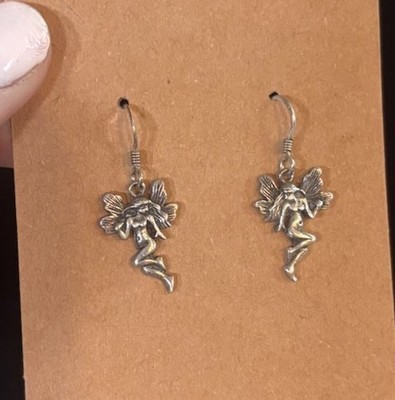 925 Sterling Silver Fairy Dangle Earrings Boho Mythical Pixie Drop Jewelry Vtg