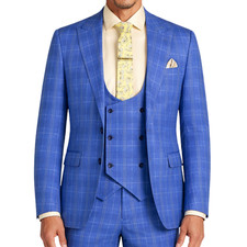 VINCI Men's Blue Plaid Super Stretch 3 Piece Slim Fit 1 Button Suit - NEW