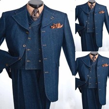 Vintage Denim Men's Suits 3 Pieces Business Party Formal Jacket Pants Vest