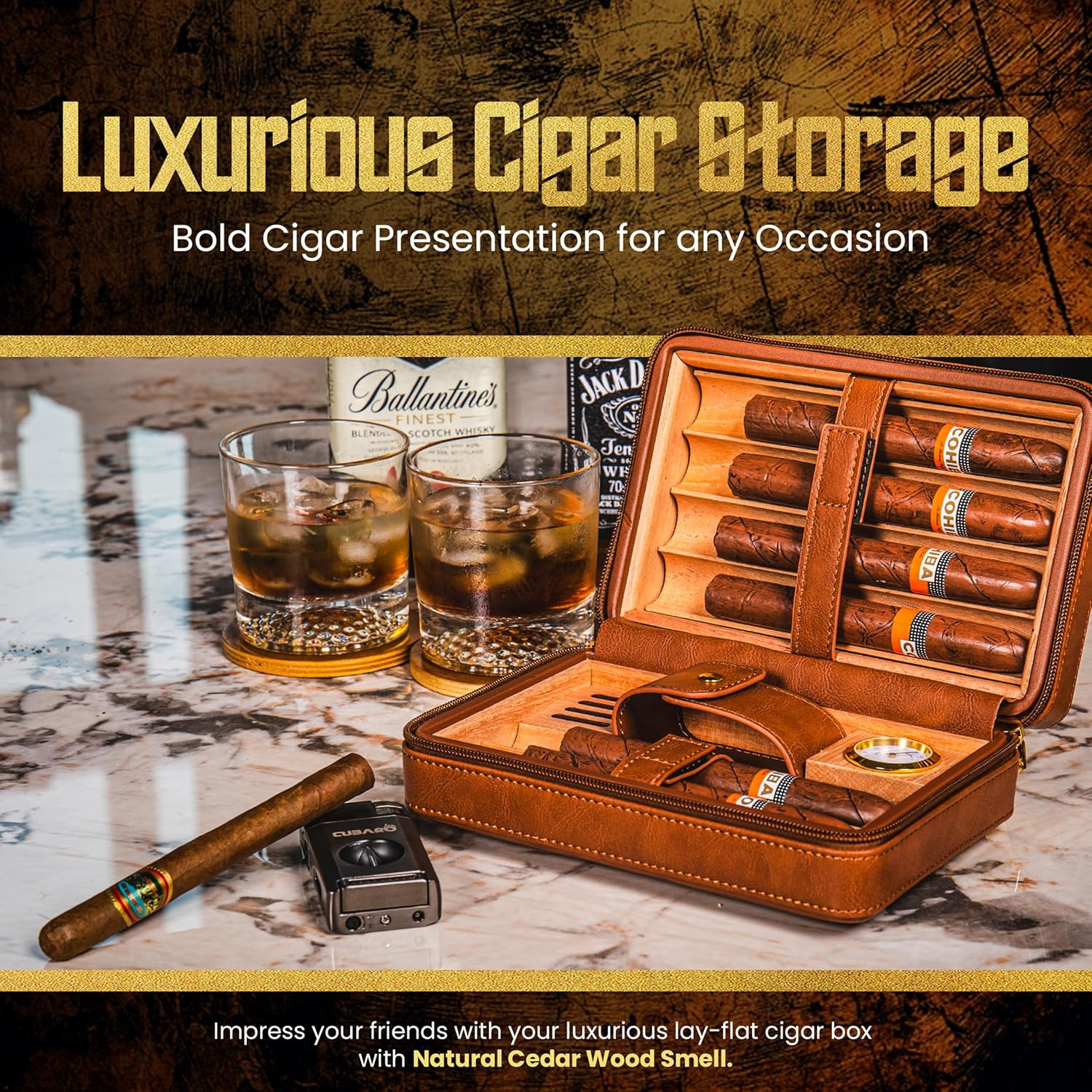 Brown Leather Cigar Humidor Travel Kit with Hygrometer, Lighter & Cutter