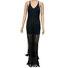 Fashion Nova Beach Day Crochet Maxi Dress Large Black Side Slit Boho Beachy