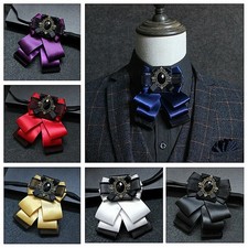 Mens Satin Bow Tie 3 Layers Necktie Rhinestone Pre Tied Retro Party Wedding