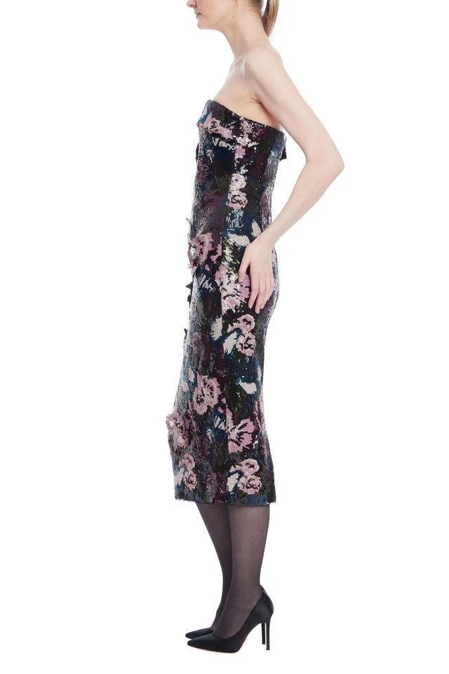 Badgley Mischka Strapless Beaded Sequin Floral Midi Dress $695 Navy multi sz 4 - Image 2 of 4