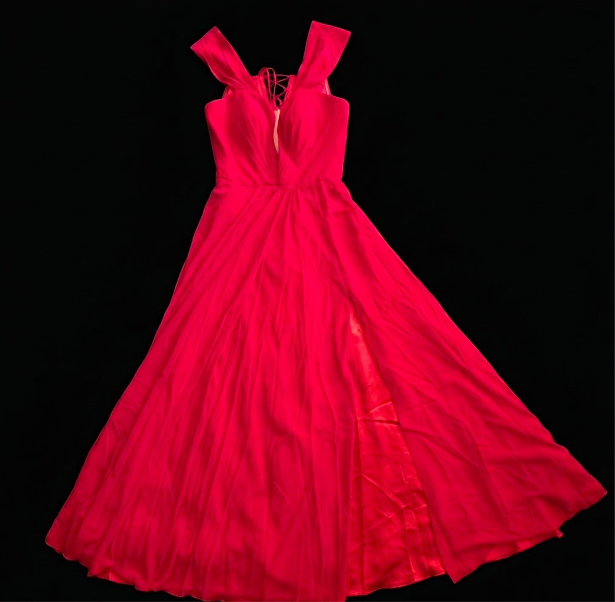 Faviana Prom Dress Size 16 Red Formal Gown Lace Up Back Slit Evening Maxi  Dress