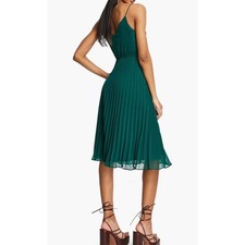 ASOS Forest Green Pleated Midi Dress V-Neck Spaghetti Strap Elastic Waist Size 4