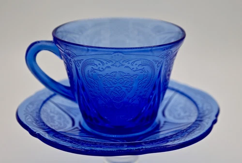 Hazel Atlas Cobalt Blue Depression Glass Royal Lace: Teacups with Saucers