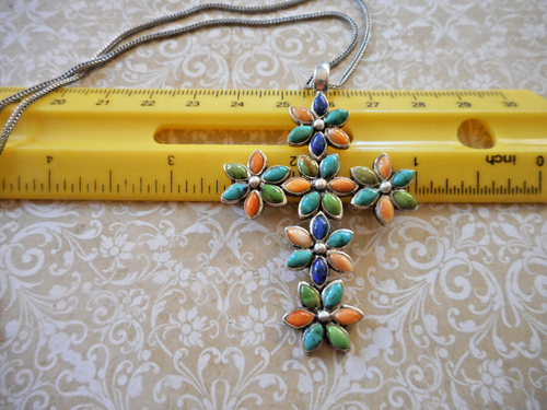 Sterling Lapis Turquoise Agate Floral Cross Pendant 18" Necklace 39RZ18 - Picture 12 of 15