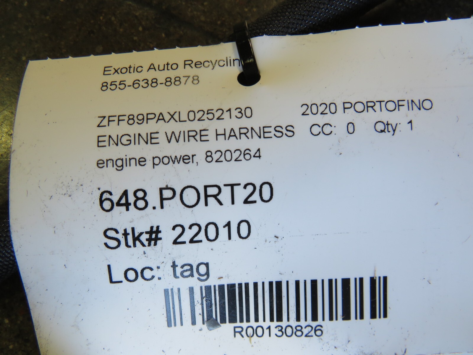 Ferrari Portofino, Engine Power Wire Harness, Used, P/N 820264