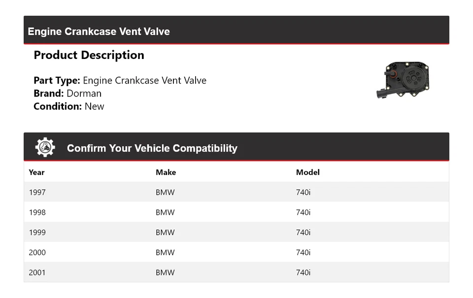 Válvula de ventilação do cárter do motor BMW 740i Dorman 1997-2001 1998 1999 2000 - Imagem 2 de 4