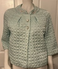 Vintage Barbizon Women's Quilted Bed Jacket Seafoam Green Embroidered Collar M/L