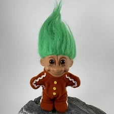 RARE And Adorable Russ "Gingerbread" Troll, 5 inches, Green hair Missing Hat
