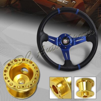 For 95-06 Hyundai Accent 350MM Blue/Carbon PVC Steering Wheel+Gold Aluminum Hub
