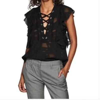IRO GILKA BURNOUT LACE UP SHEER RUFFLE V-NECK BLOUSE BLACK SIZE 34/XS