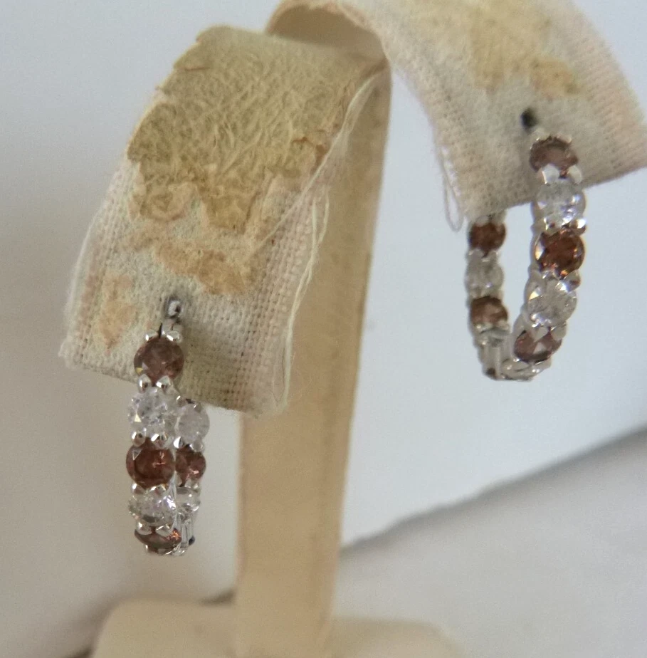 Pendientes de aro artesanales de cuarzo ahumado y circonita cúbica interior/exterior plata de ley 925 3/4" Foto 2 de 4