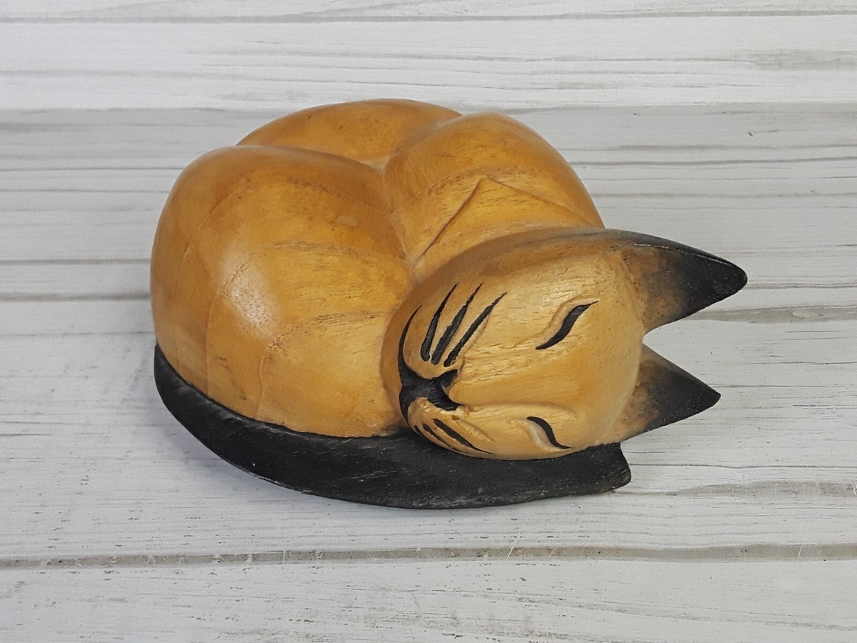 Vintage MCM Hand Carved Wood Japanese Sleeping Cat NEMURI NEKO