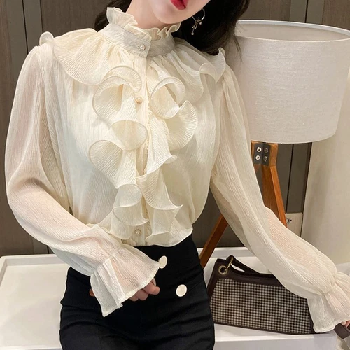 Blusa De Encaje Elegante Con Volantes Para Mujer Camisa De Gasa Con Cuello Alto- - Imagen 12 de 19