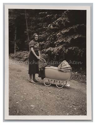 Young Mother with Pram Walking Woods 1938 - Vintage Photo 1930s