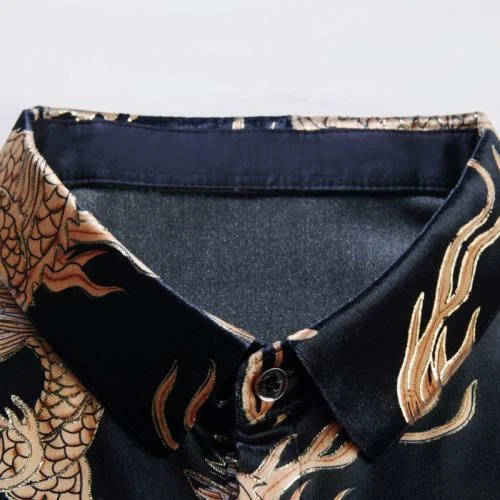 Мужские бархатный дракон печати длинным рукавом платье рубашки бизнес воротник топы новый - Изображение 4 из 4