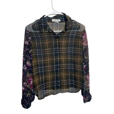 Sans Souci Blouse Women's Button Up Long Sleeve Sheer Collared Shirt Floral Top