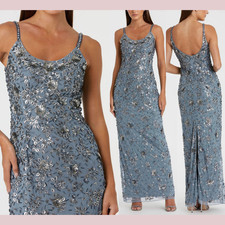 NWT Mac Duggal [ 10 ] 5477 Floral Embellished Scoop Neck Gown Slate Blue #S1601