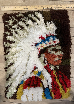 Native American Indian Chief Latch Hook Rug Wall Art Vintage 1970s 24 by 18