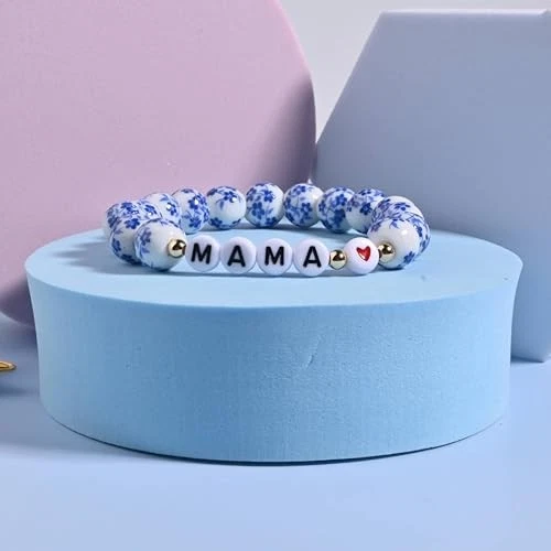 Pulseira de porcelana azul e branca para mamãe B- mamãe azul 10mm - coração de amor vermelho - Imagem 2 de 4