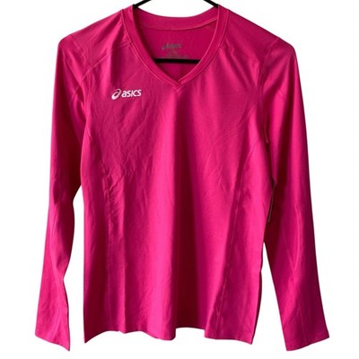 NEW ASICS Pink Activewear Long Sleeve Top Size Large Junior's V Neck Preppy