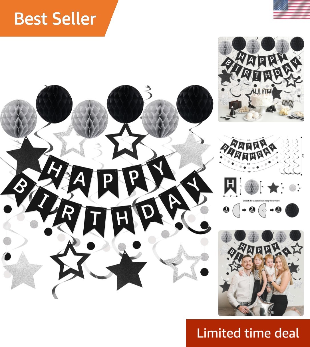 Birthday Decorations Happy Birthday Banner with Honeycomb Balls | 16pcs Birth...