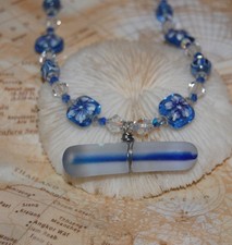 Wire Wrapped Cobalt Blue Faux Sea Glass Necklace 18.5" Handmade Beaded Jewelry