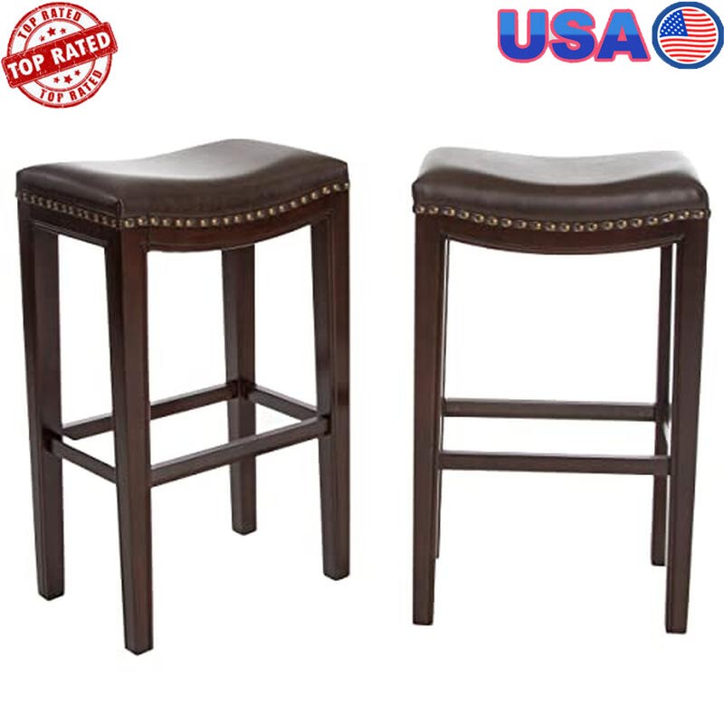 Modern Backless Bar Stools Set 2 Pcs Comfortable Padded Leather Hardwood Frame