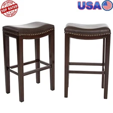 Modern Backless Bar Stools Set 2 Pcs Comfortable Padded Leather Hardwood Frame