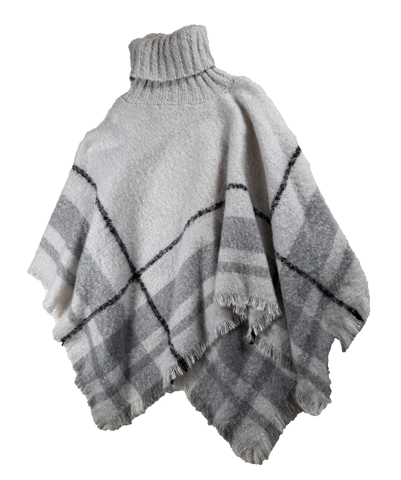 World Market Poncho Womens One Size Large Gray Plaid Knit Turtleneck Fringe Cozy
